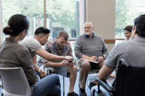 People in group therapy talking during September National Recovery Month.